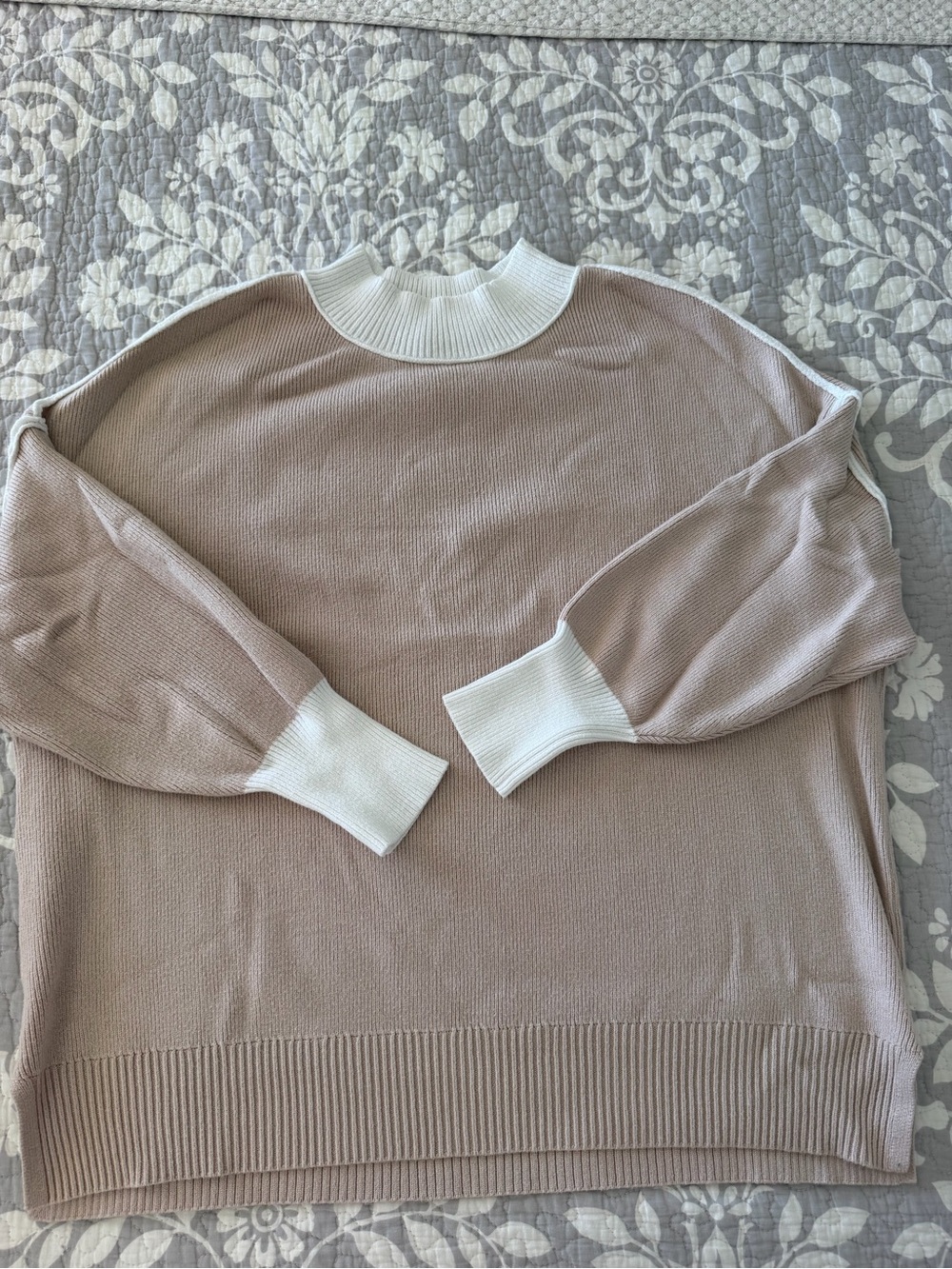 Amazon Women's Dusty Taupe Crewneck Sweater with White Trim